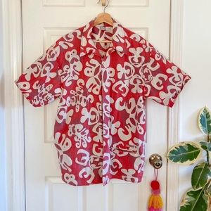 Vintage 90's Men's Red Hawaiian Tiki Shirt  🌺  Button Down Collar